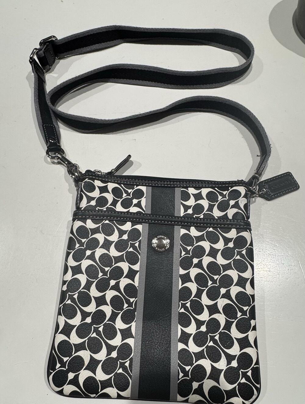 Coach Black White Logo Crossbody Bag Adjustable Strap Zip Closure Designer